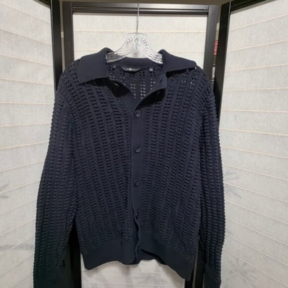 7 For All Mankind Women’s Large Navy Crochet Polo Cardigan Cotton Preowned - Picture 1 of 8